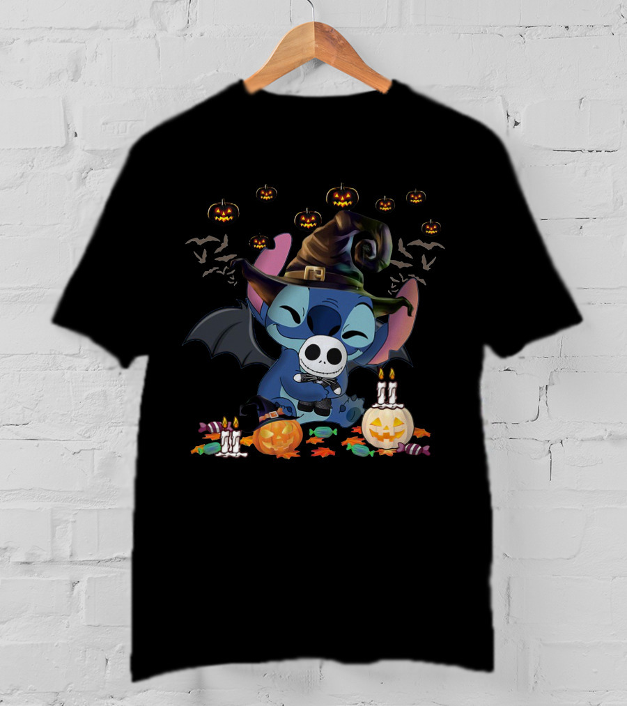 Stitch Halloween Witch Hugging Baby Jack Skellington With Pumpkins And Candy T-Shirt