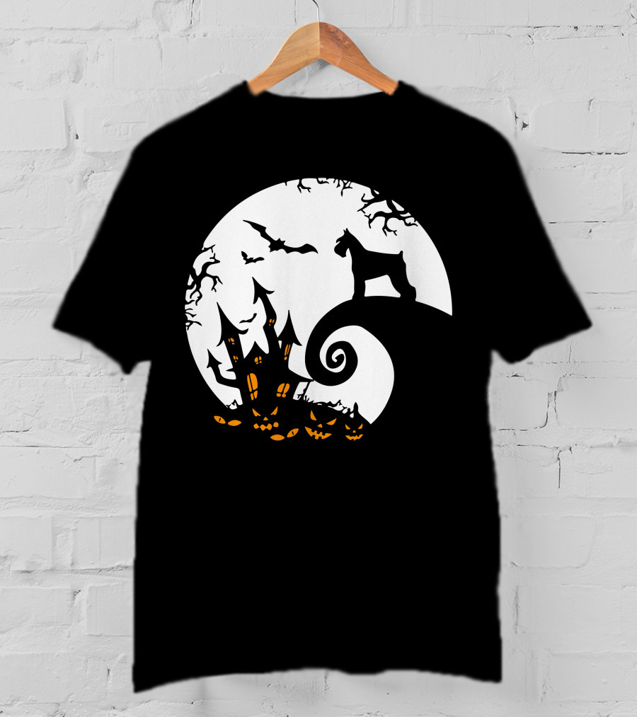 Funny Miniature Schnauzer And Moon Jack-O'-Lantern Halloween Night T-Shirt
