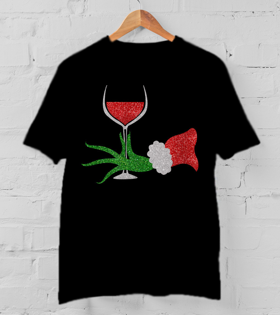Grinch Hand Santa Hat Wine Glass Red Green Sparkle T-Shirt