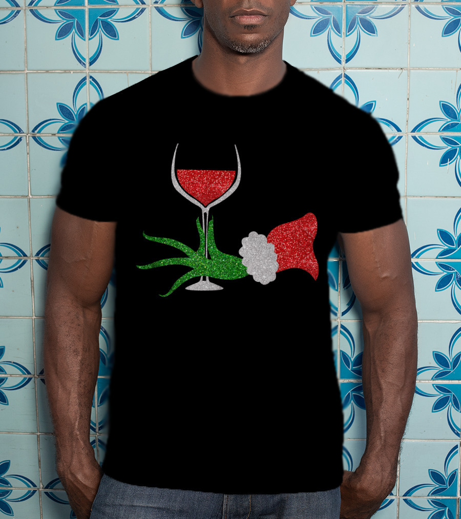 Grinch Hand Santa Hat Wine Glass Red Green Sparkle T-Shirt