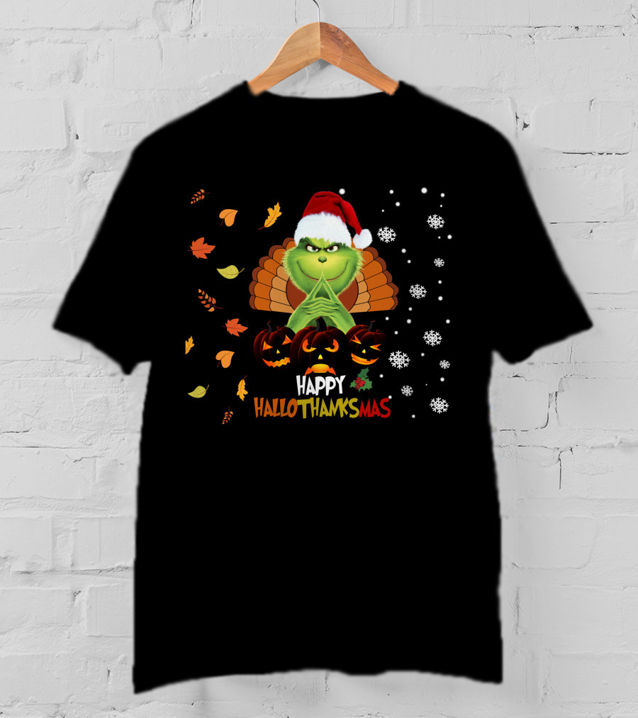 Grinch Happy Hallothanksmas Turkey Santa Hat Pumpkins Leaves Snowflakes T-Shirt