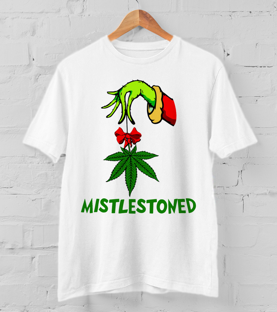 Grinch Hand Holding Mistletoe Leaf With Mistlestoned Text T-Shirt