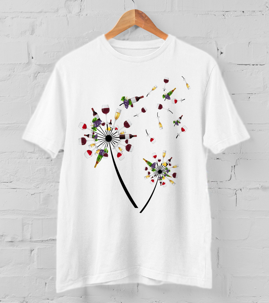 Printady Clothing Store Wine Glasses And Bottles Dandelion T-Shirt