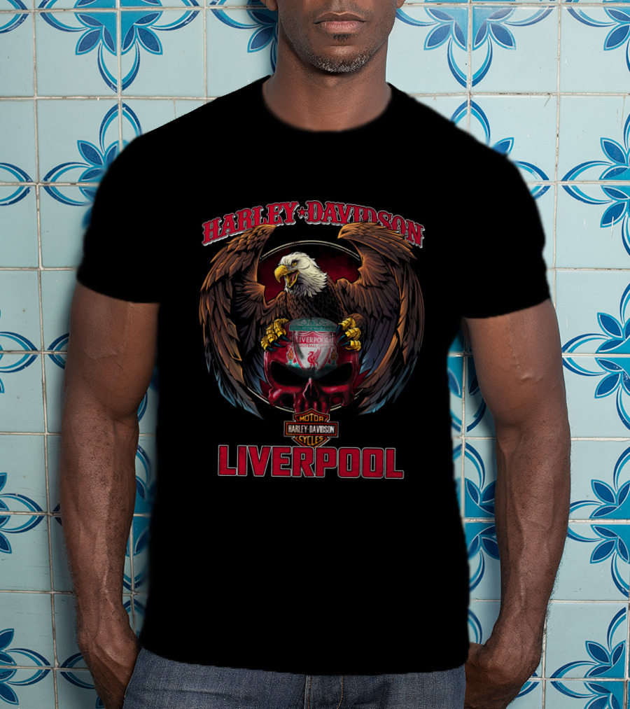 Harley Davidson Liverpool Eagle Holding Shield With Motorcycle Cycles T-Shirt
