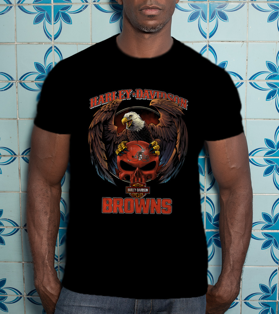 Harley Davidson Motorcycles Cleveland Browns Eagle Skull T-Shirt
