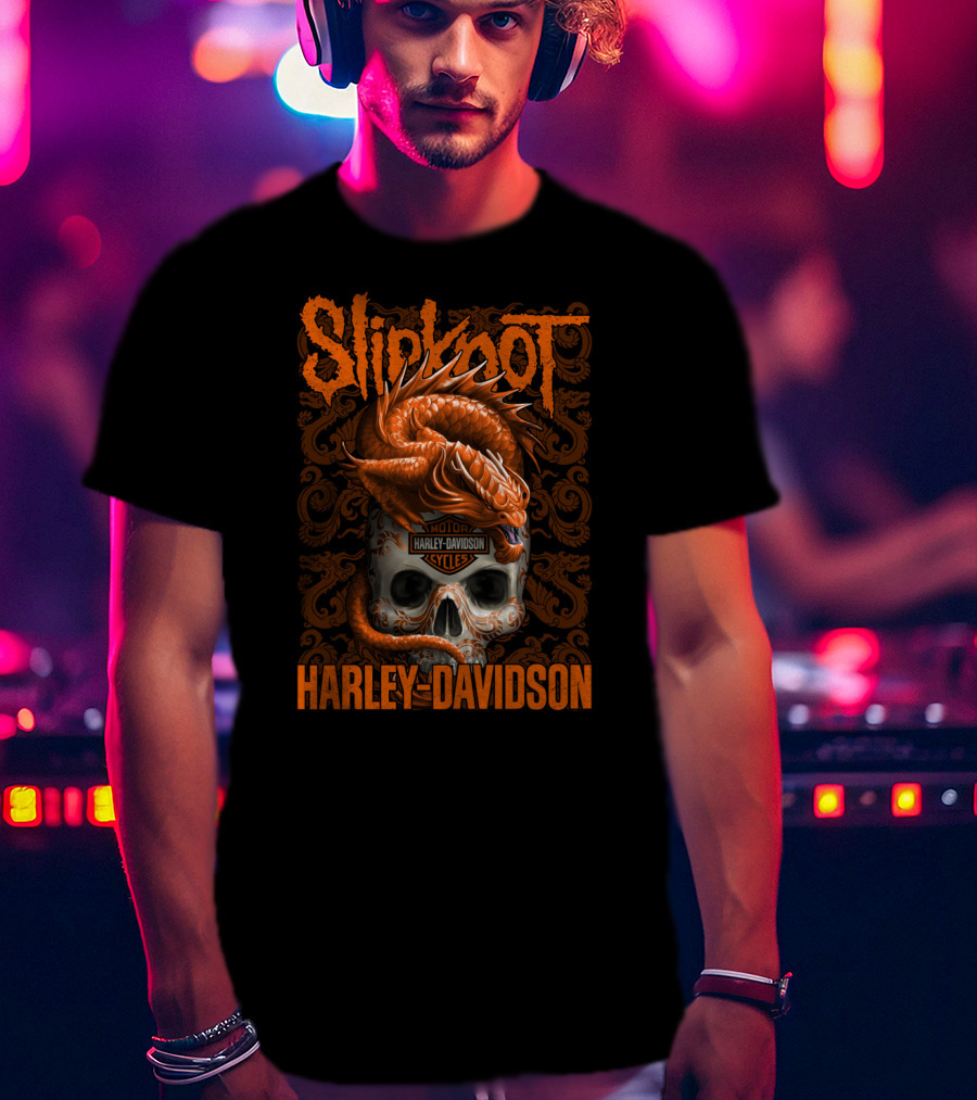 Slipknot Harley Davidson Dragon Skull Motif T-Shirt