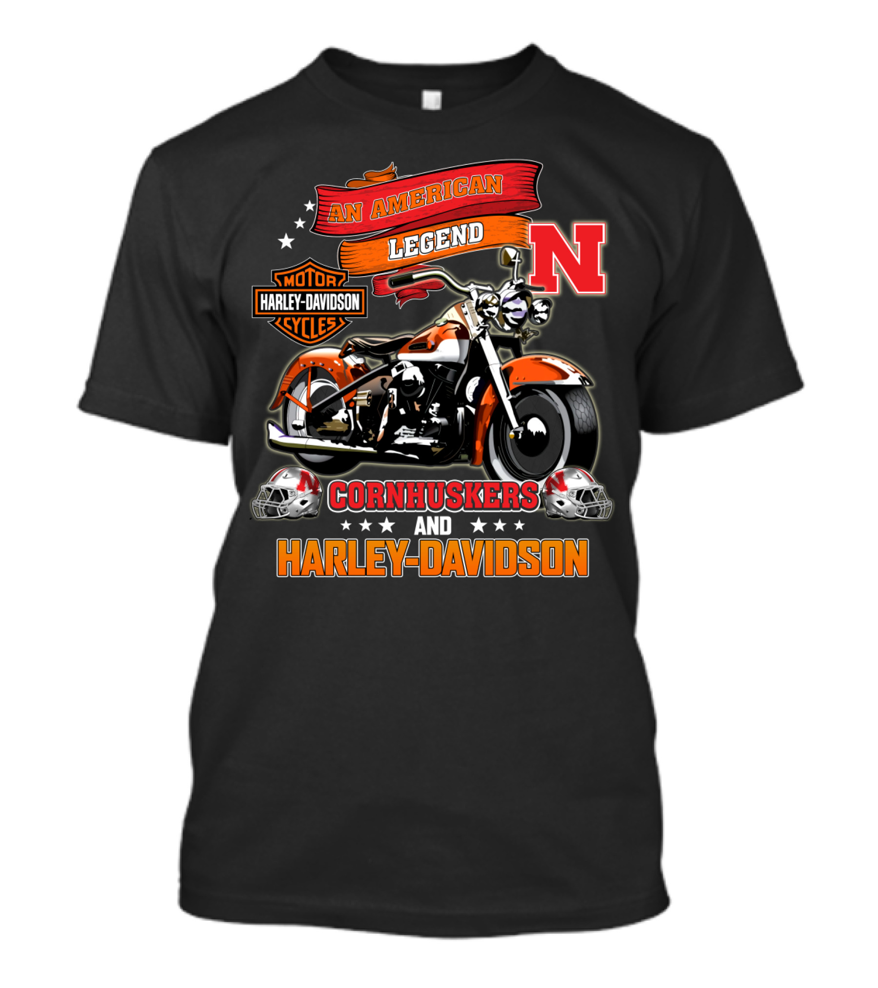 An American Legend Nebraska Cornhuskers And Harley Davidson Motorcycle Cycles T-Shirt