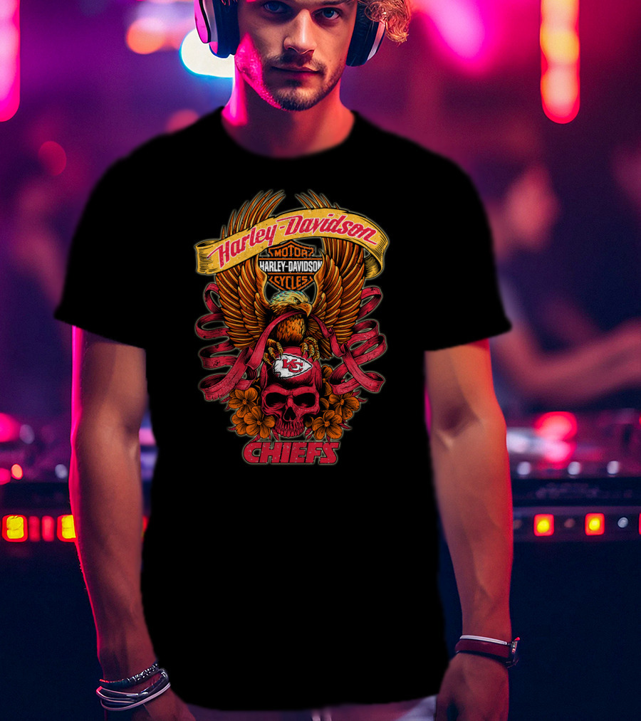 Harley Davidson Kansas City Chiefs Skull Eagle Flowers T-Shirt