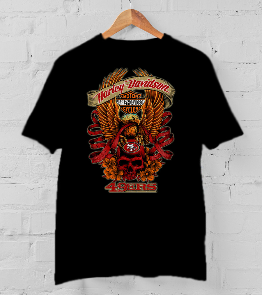 Harley Davidson San Francisco 49ers 49ers Eagle Skull Flowers T-Shirt