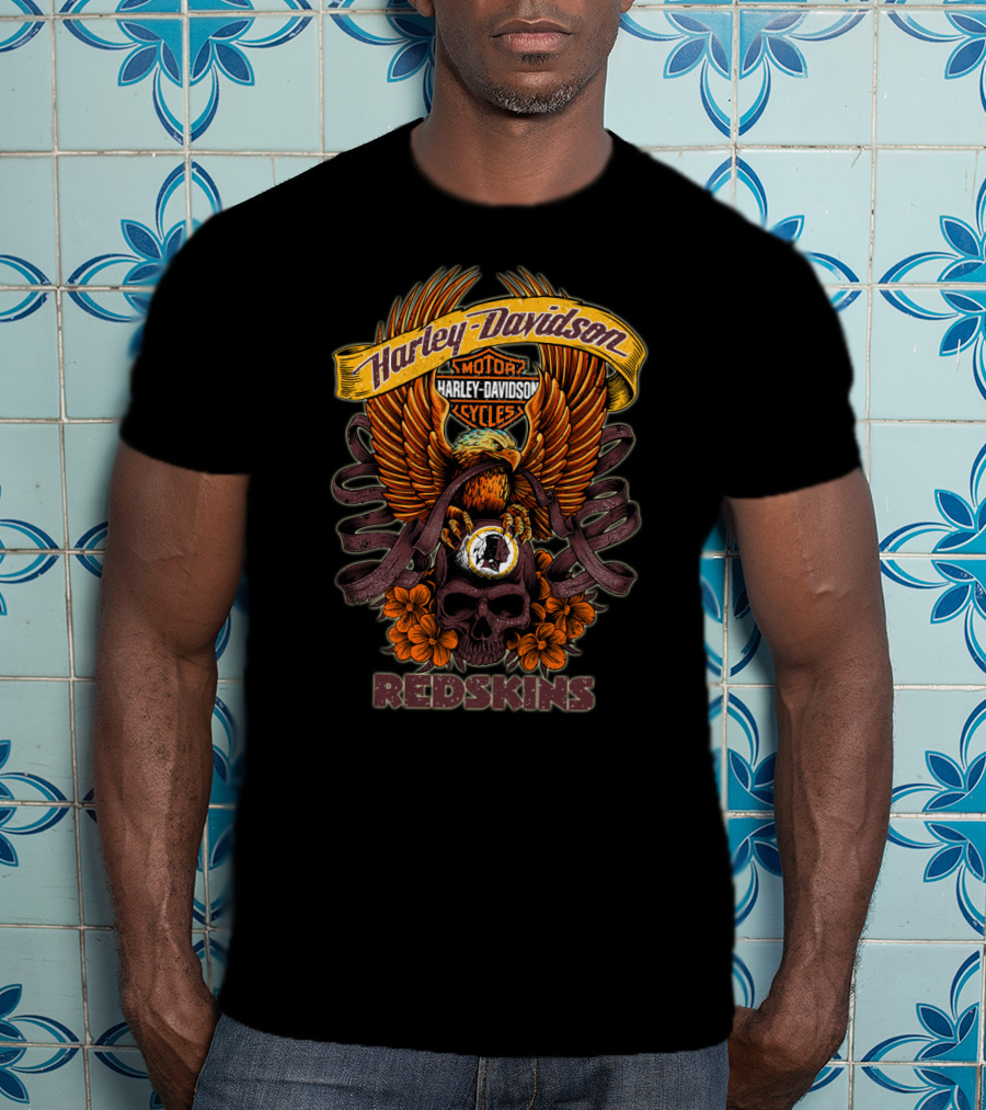 Harley Davidson Motor Cycles Redskins Eagle Skull Flowers T-Shirt
