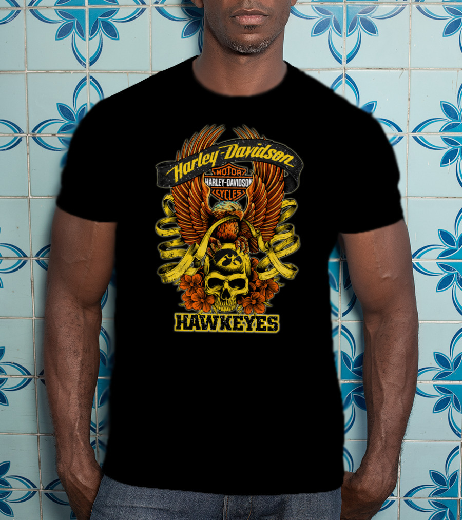 Harley Davidson Motor Cycles Hawkeyes Skull Eagle Winged T-Shirt