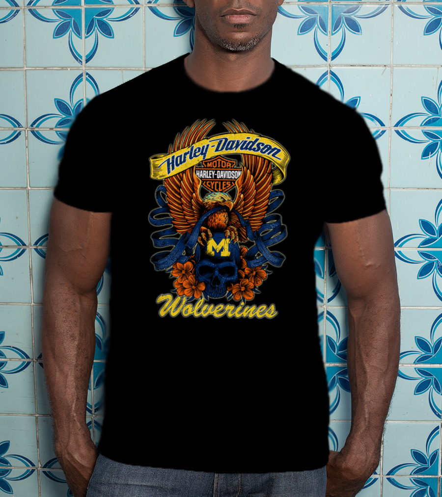 Wolverines Harley Davidson Michigan Motorcycles Eagle Skull T-Shirt