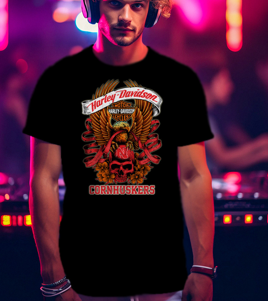 Harley Davidson Motor Cycles Nebraska Cornhuskers Eagle And Skull T-Shirt