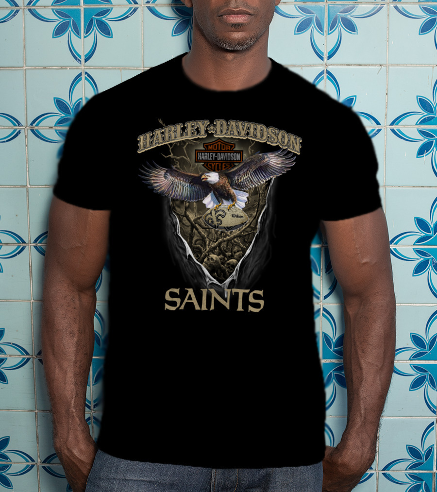 Harley Davidson Motor Cycles Eagle New Orleans Saints T-Shirt