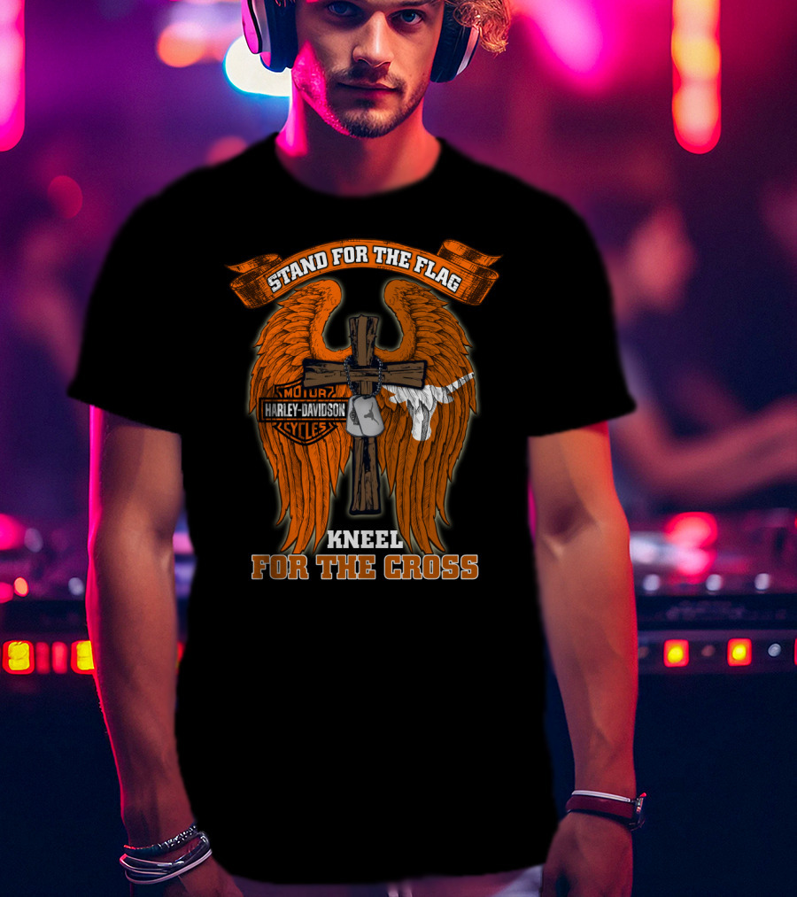 Stand For The Flag Kneel For The Cross Harley Davidson Wings Texas Longhorns T-Shirt