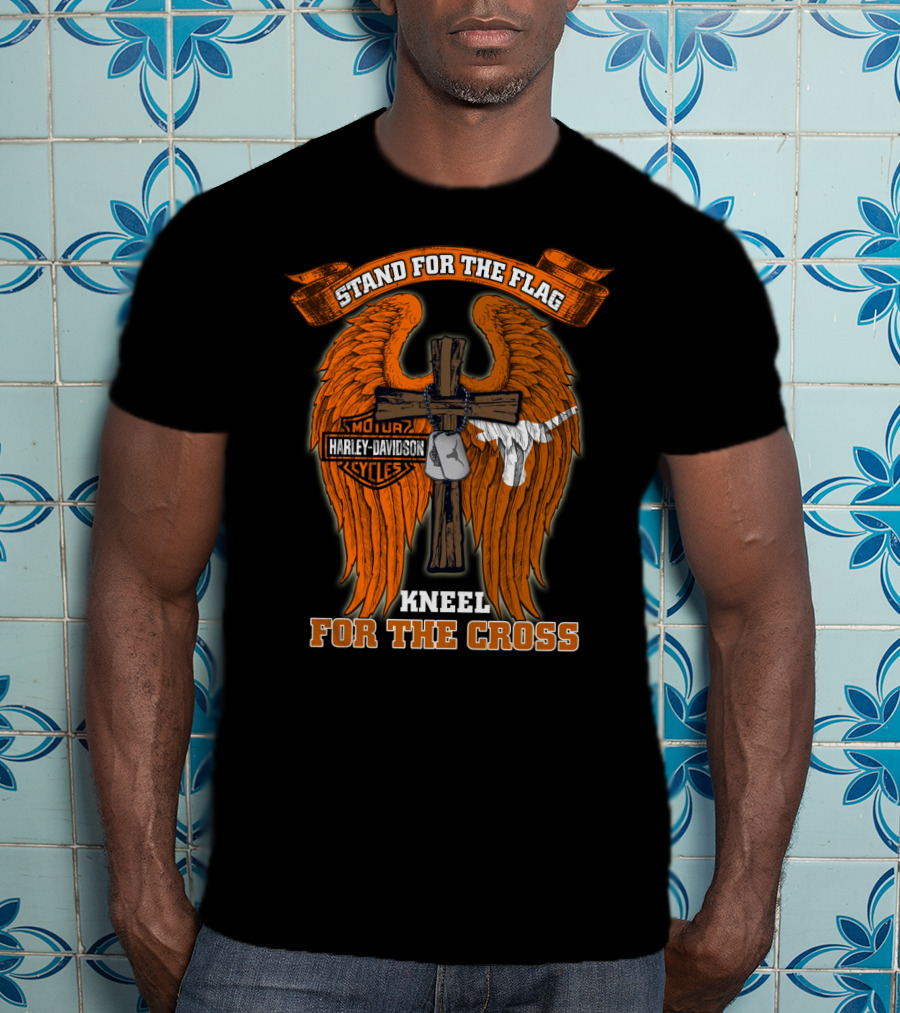 Stand For The Flag Kneel For The Cross Harley Davidson Wings Texas Longhorns T-Shirt