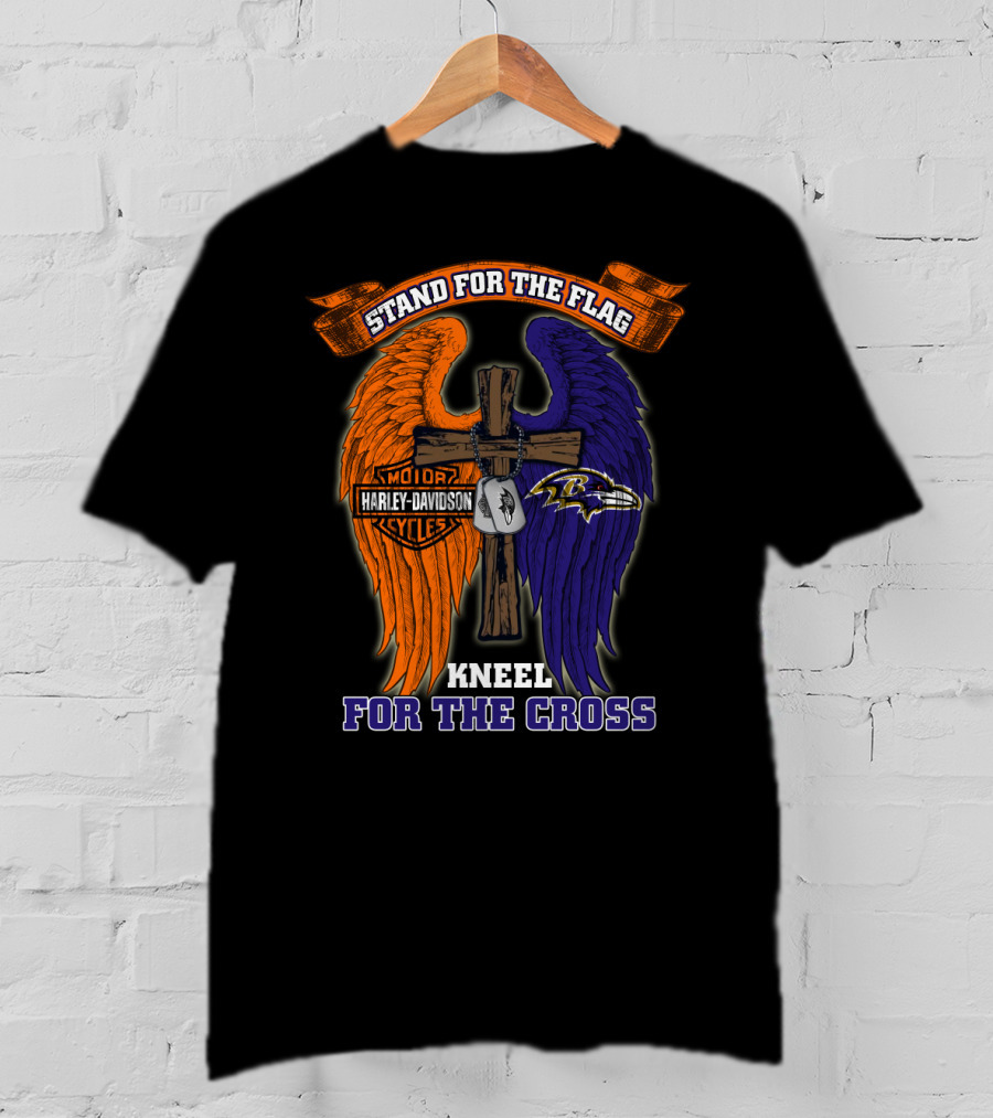 Stand For The Flag Kneel For The Cross Harley Davidson Motorcycles Baltimore Ravens T-Shirt