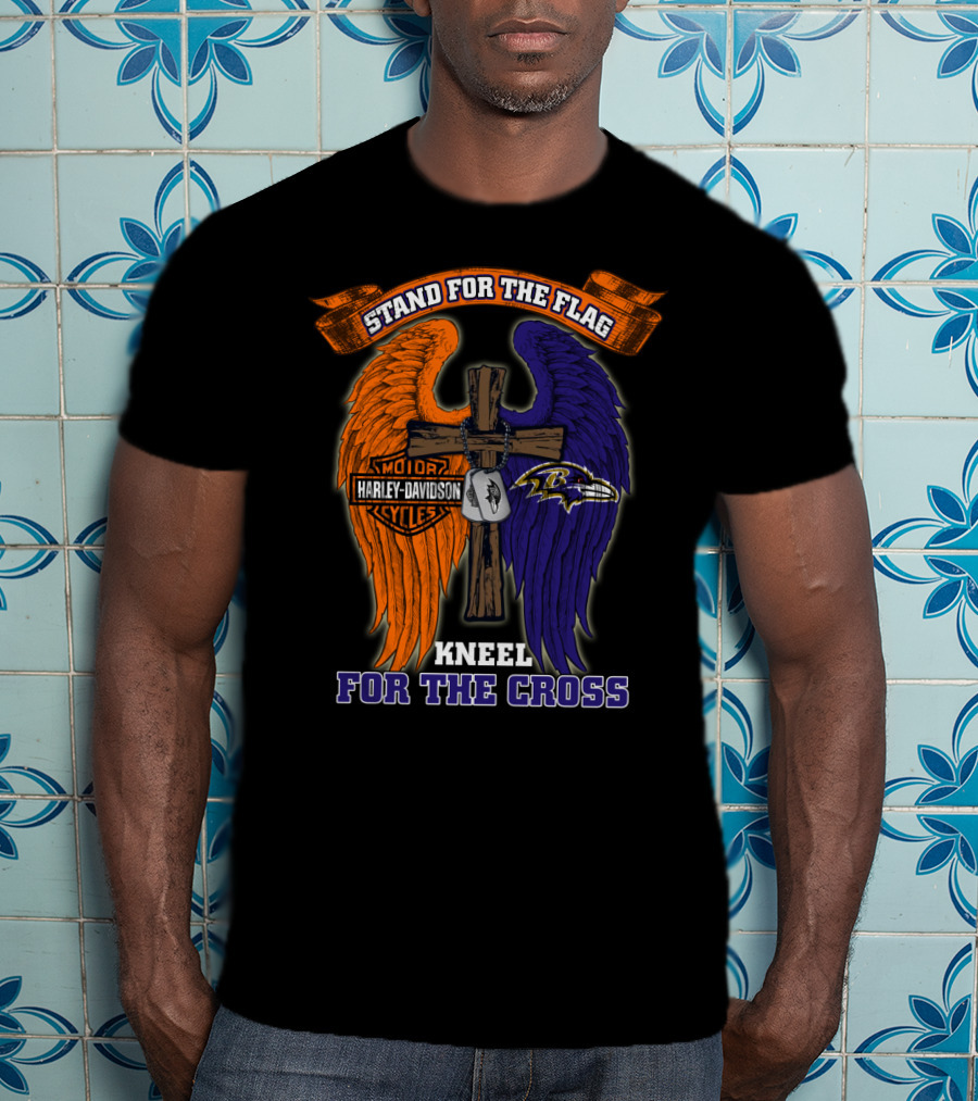 Stand For The Flag Kneel For The Cross Harley Davidson Motorcycles Baltimore Ravens T-Shirt