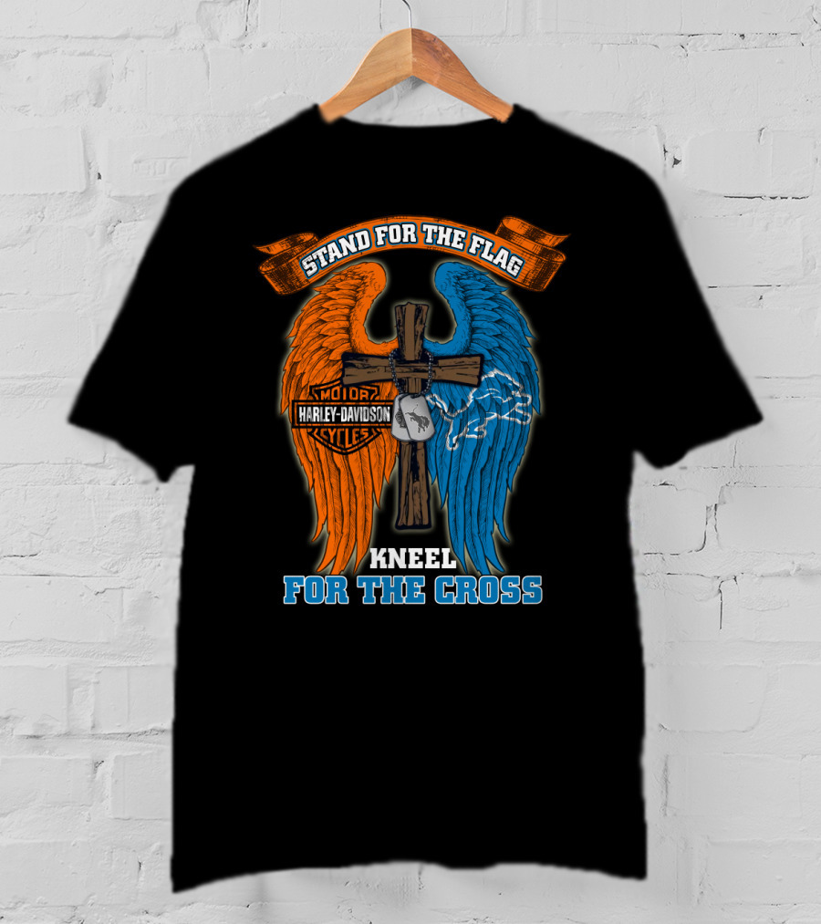 Stand For The Flag Kneel For The Cross Harley Davidson Detroit Lions T-Shirt