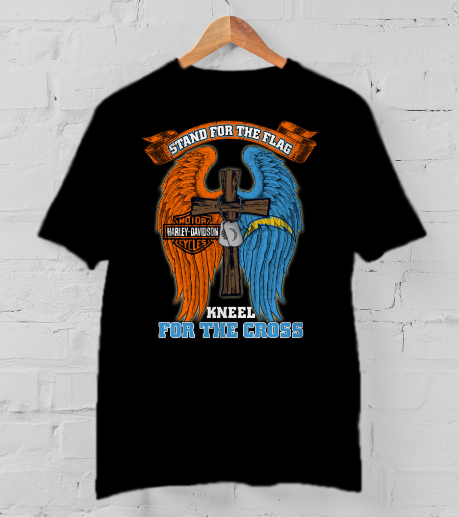 Stand For The Flag Kneel For The Cross Harley Davidson Los Angeles Chargers T-Shirt