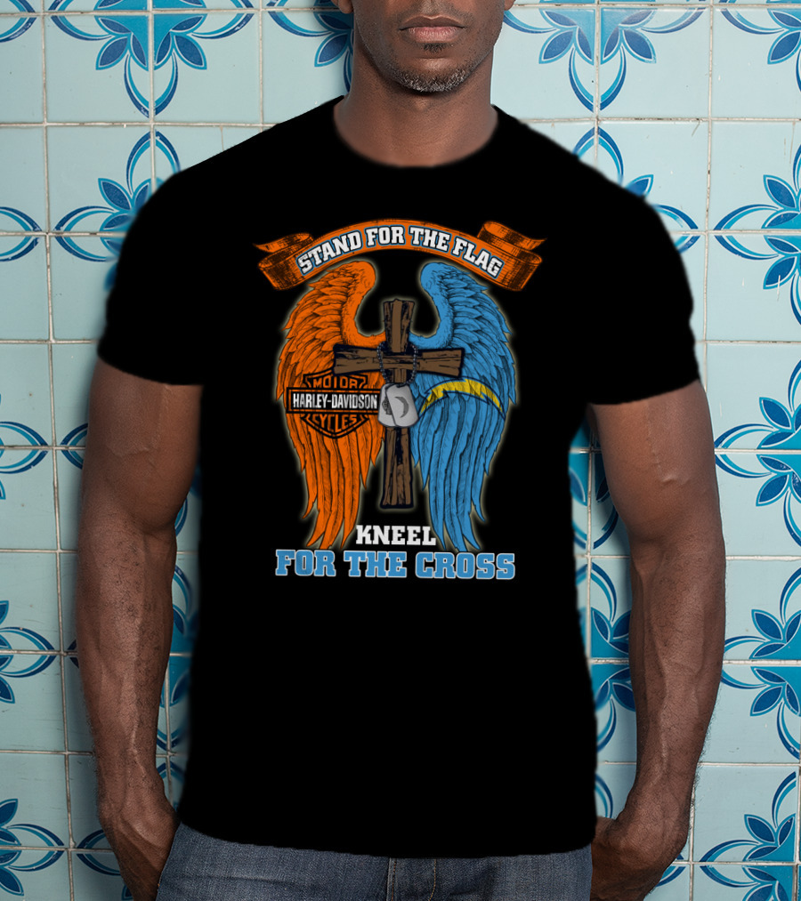 Stand For The Flag Kneel For The Cross Harley Davidson Los Angeles Chargers T-Shirt