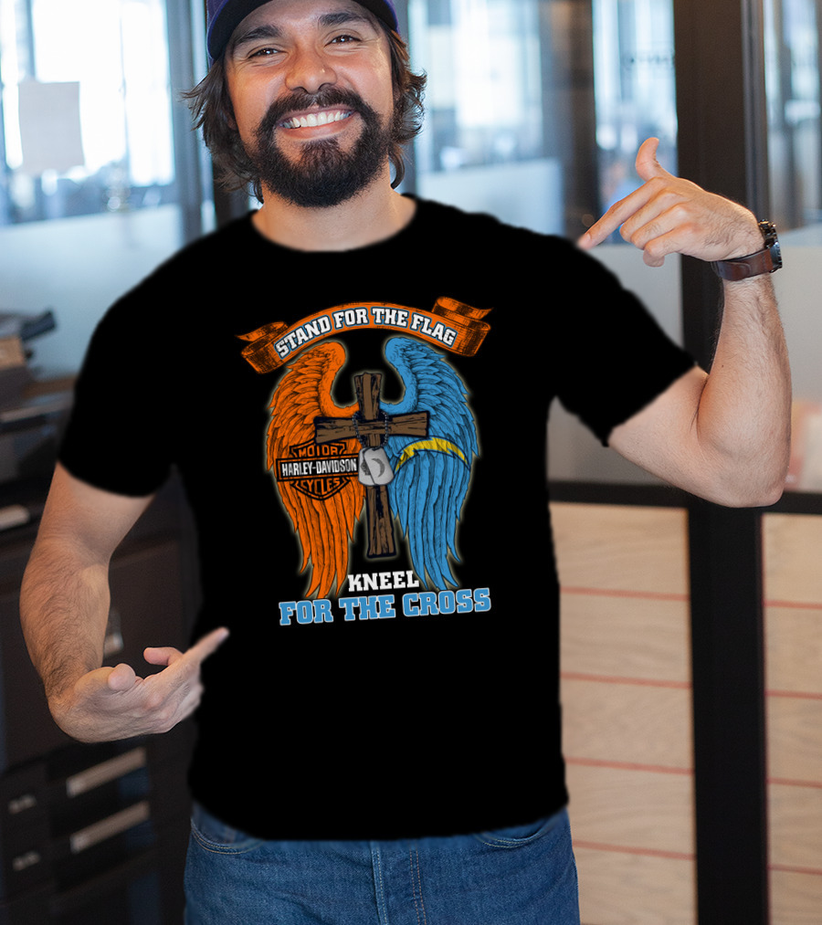 Stand For The Flag Kneel For The Cross Harley Davidson Los Angeles Chargers T-Shirt