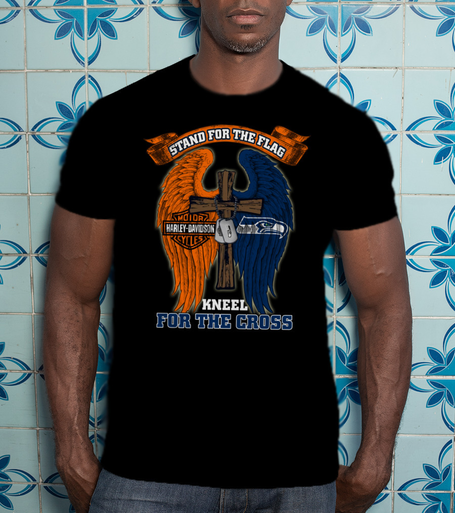 Stand For The Flag Kneel For The Cross Harley Davidson Motor Cycles Seattle Seahawks T-Shirt