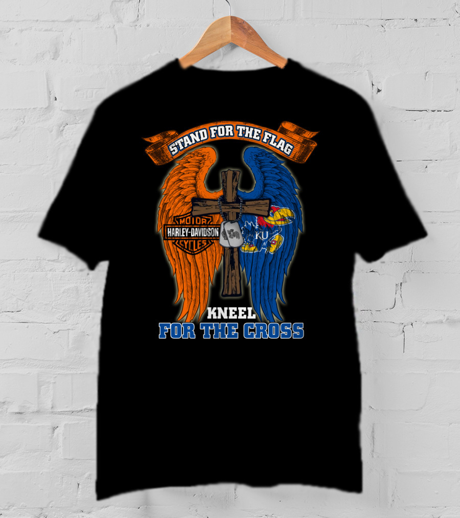 Stand For The Flag Kneel For The Cross Harley Davidson Motorcycles Kansas Jayhawks Ku T-Shirt