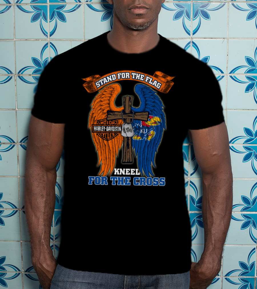 Stand For The Flag Kneel For The Cross Harley Davidson Motorcycles Kansas Jayhawks Ku T-Shirt