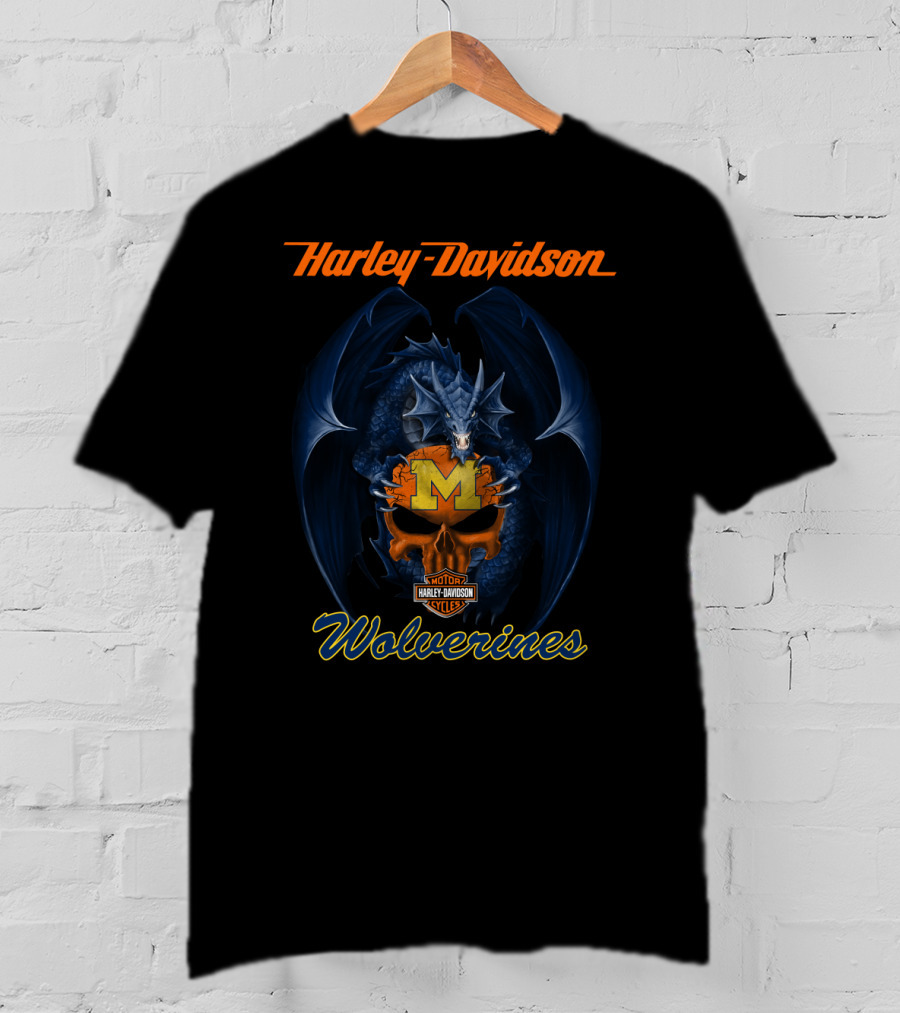 Harley Davidson Michigan Wolverines Dragon Skull Motor Cycles T-Shirt