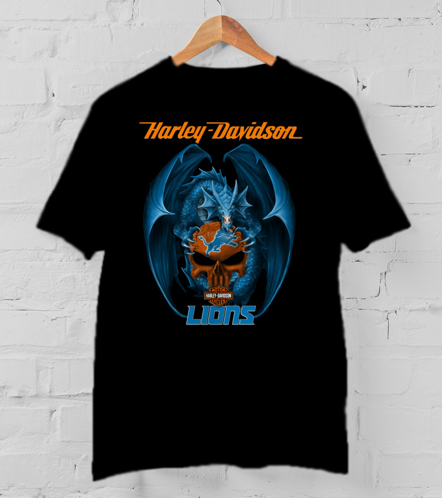 Harley Davidson Detroit Lions Blue Dragon Skulls T-Shirt