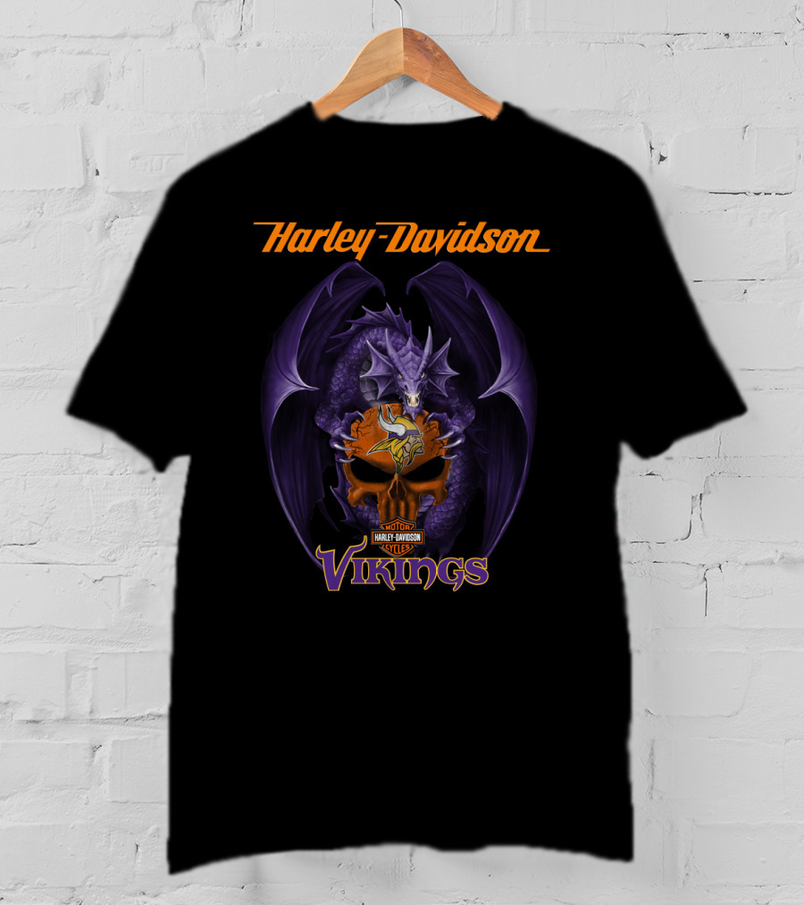 Harley Davidson Minnesota Vikings Dragon Skull Nfl T-Shirt