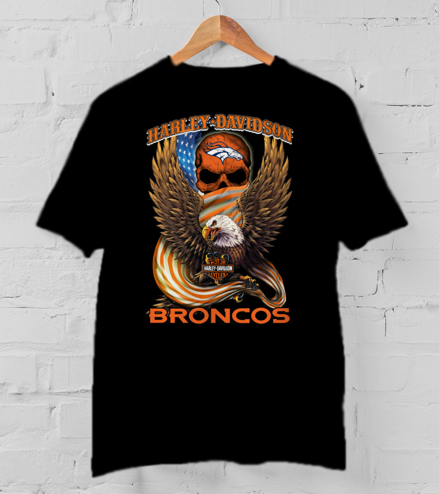 Harley Davidson Denver Broncos American Eagle Usa Skulls T-Shirt