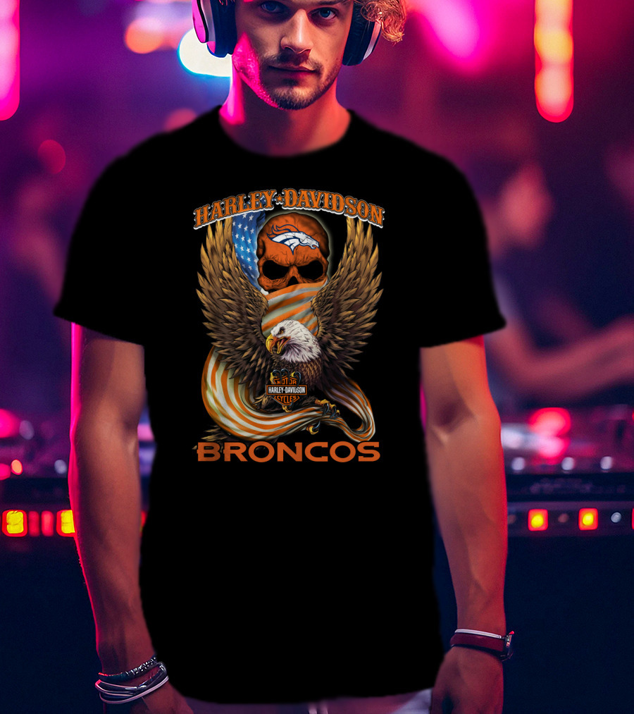 Harley Davidson Denver Broncos American Eagle Usa Skulls T-Shirt