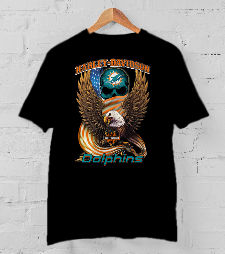 Harley Davidson Miami Dolphins Hl6 Cycles Eagle Flag Skull T-Shirt