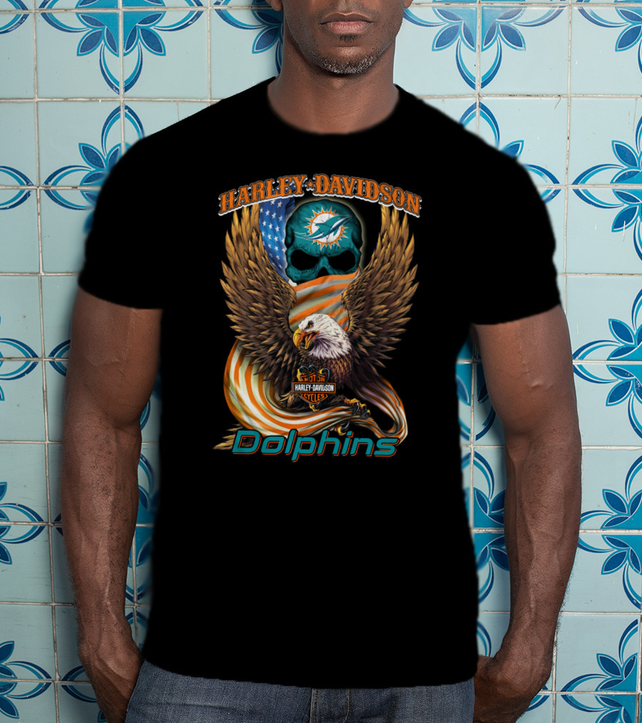 Harley Davidson Miami Dolphins Hl6 Cycles Eagle Flag Skull T-Shirt