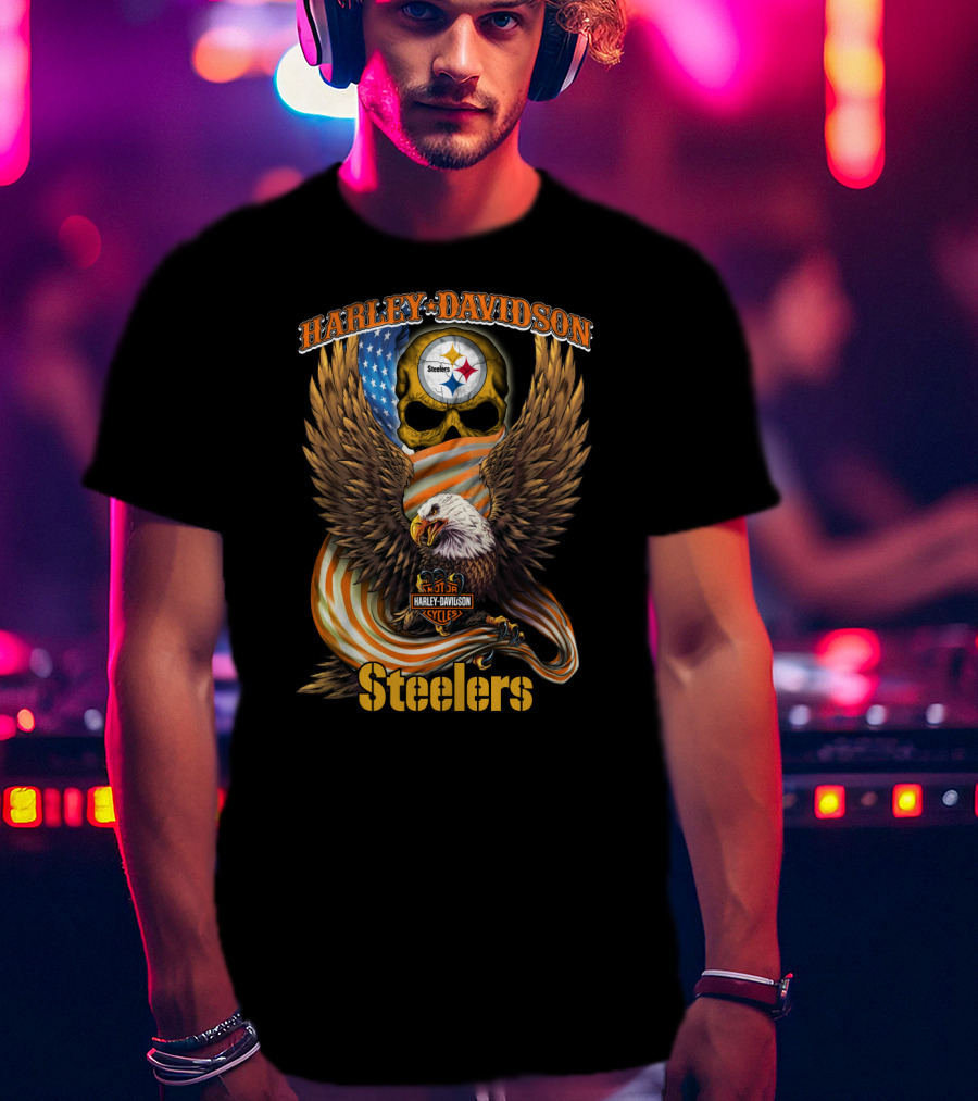 Harley Davidson Steelers Skull Eagle American Flag Pittsburgh Nfl T-Shirt