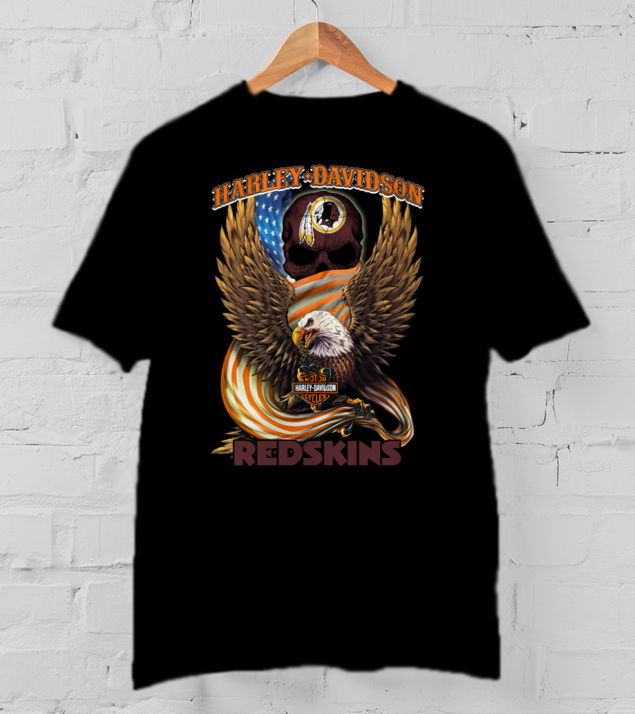 Harley Davidson Cycles Redskins Eagle And Skull Icon With American Flag T-Shirt