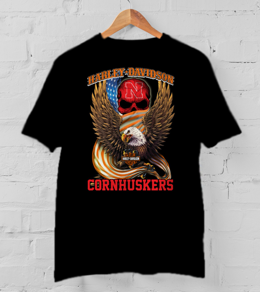 Harley Davidson Cornhuskers Nebraska Skull American Flag Eagle T-Shirt