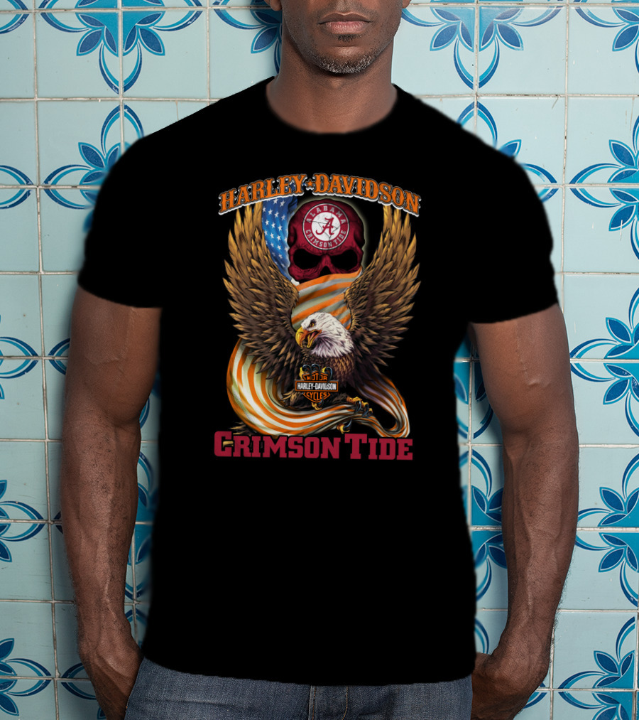 Harley Davidson Alabama Crimson Tide Eagle And Skull Flag T-Shirt