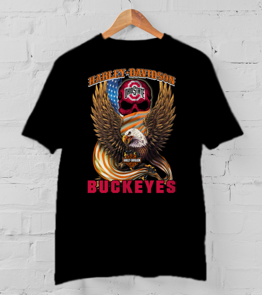 Harley Davidson Ohio State Buckeyes Eagle American Flag T-Shirt