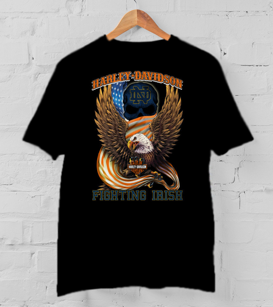Harley Davidson Notre Dame Fighting Irish Eagle American Flag T-Shirt