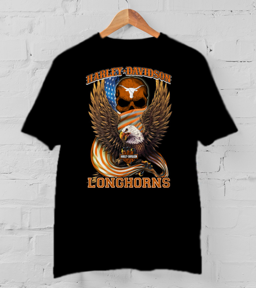 Harley Davidson Longhorns Eagle American Flag Skull T-Shirt