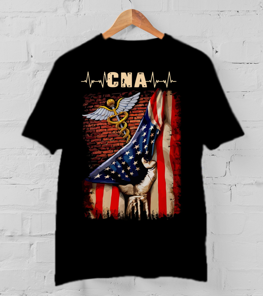 CNA Nurse American Flag Caduceus Symbol With Heartbeat T-Shirt