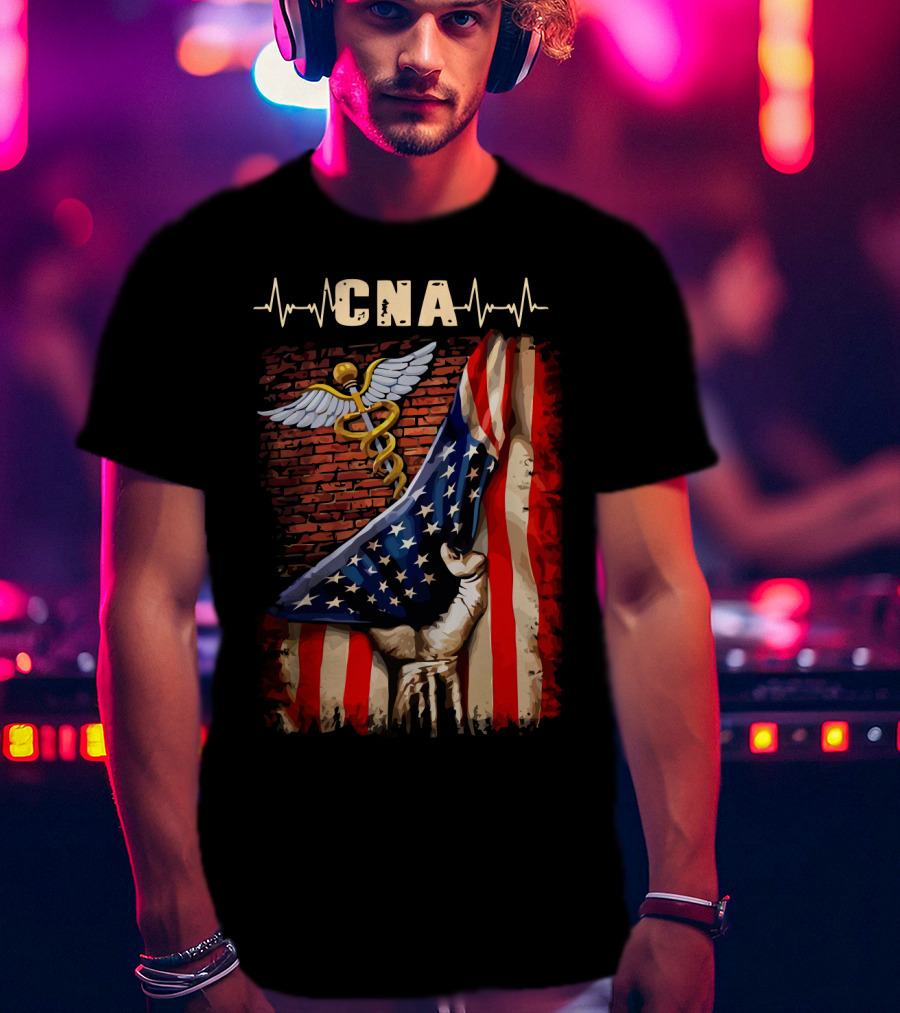 CNA Nurse American Flag Caduceus Symbol With Heartbeat T-Shirt