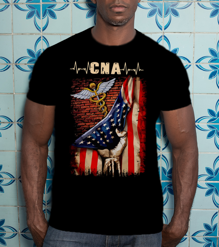 CNA Nurse American Flag Caduceus Symbol With Heartbeat T-Shirt