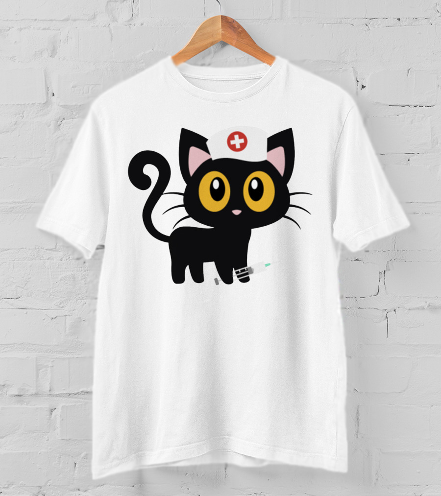 Cat Nurse Cute Black Cat With Syringe And Nurse Hat T-Shirt