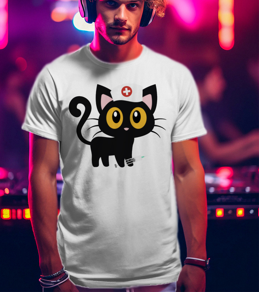 Cat Nurse Cute Black Cat With Syringe And Nurse Hat T-Shirt