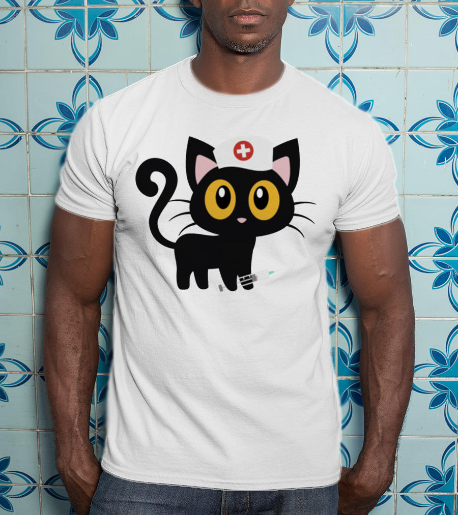 Cat Nurse Cute Black Cat With Syringe And Nurse Hat T-Shirt