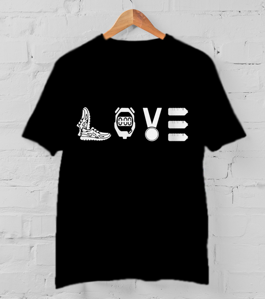 LOVE RUNNING Stopwatch Medal Shoes Bottles T-Shirt